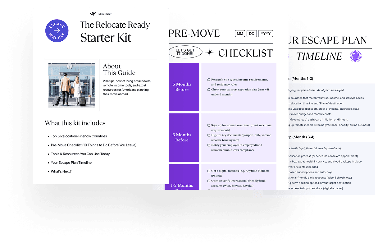 Free starter kit, showing images of pre move checklist and escape plan timeline